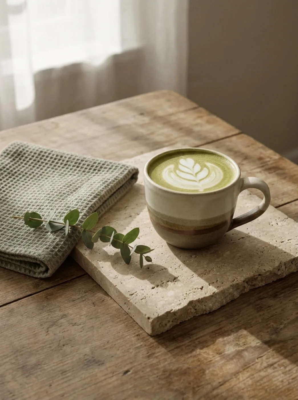 Matcha on travertine