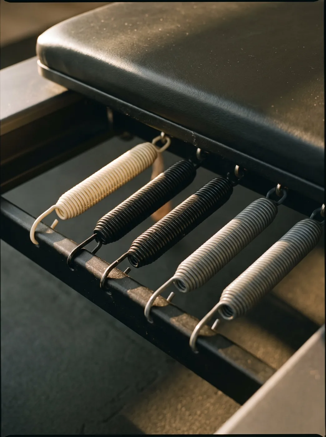 The Mega Pro's color-coded resistance springs: white, black, and gray, under the carriage in golden light